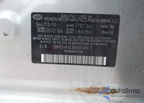 2011 Hyundai Elantra Gls z USA, uszkodzony, nr VIN 5NPDH4AE8BH014973
